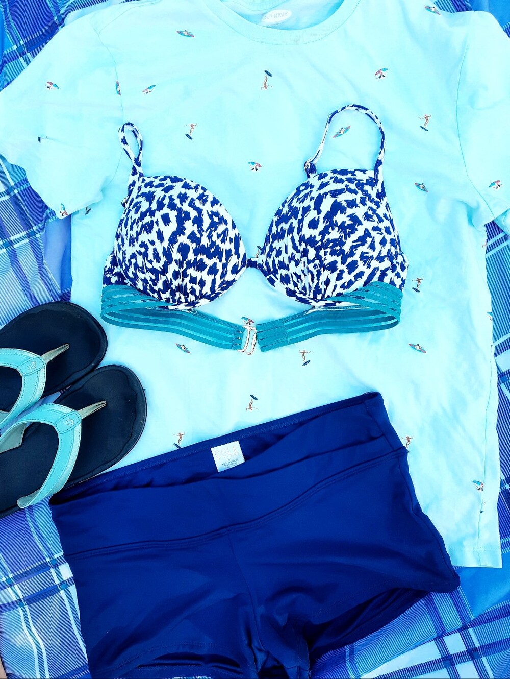 Top, Bathing Suit, Navy and White, Teal Backstrap, Padded